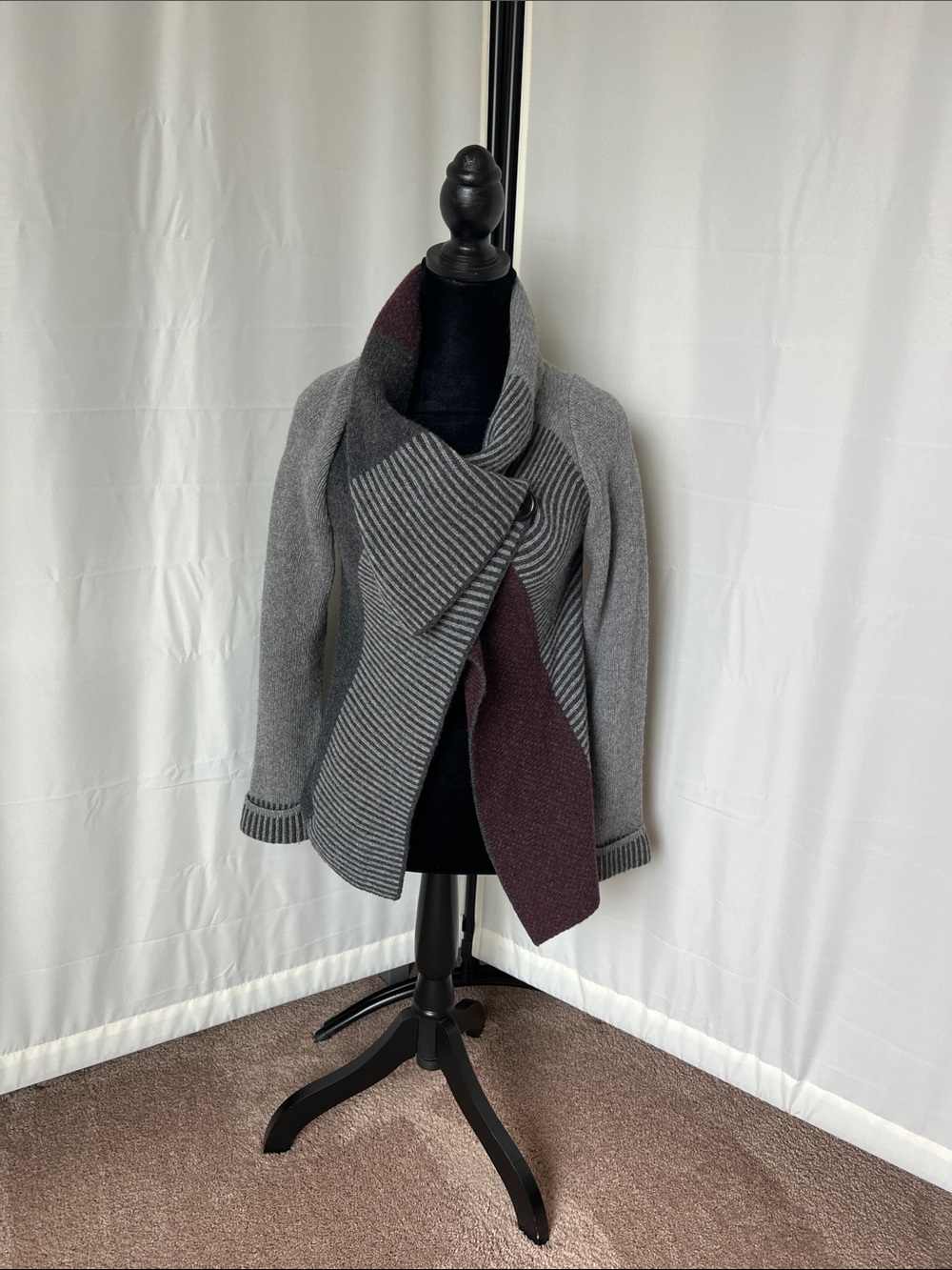 A. IDA Gray and Plum Waterfall Wool Blend Open Front Sweater